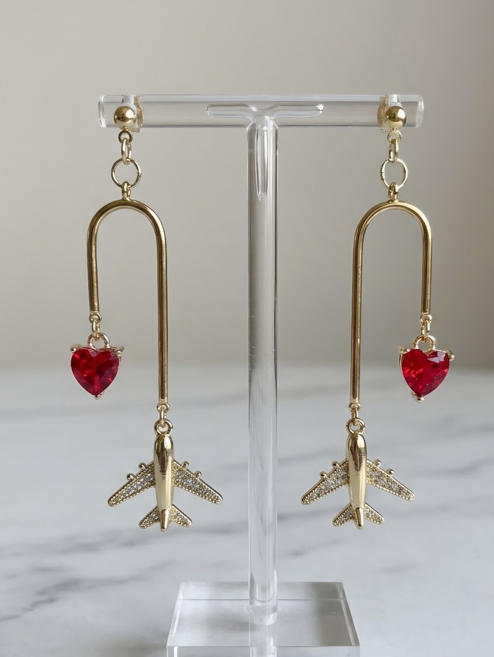 Gold Hypoallergenic Airplane & Red Heart Drop Statement Earrings